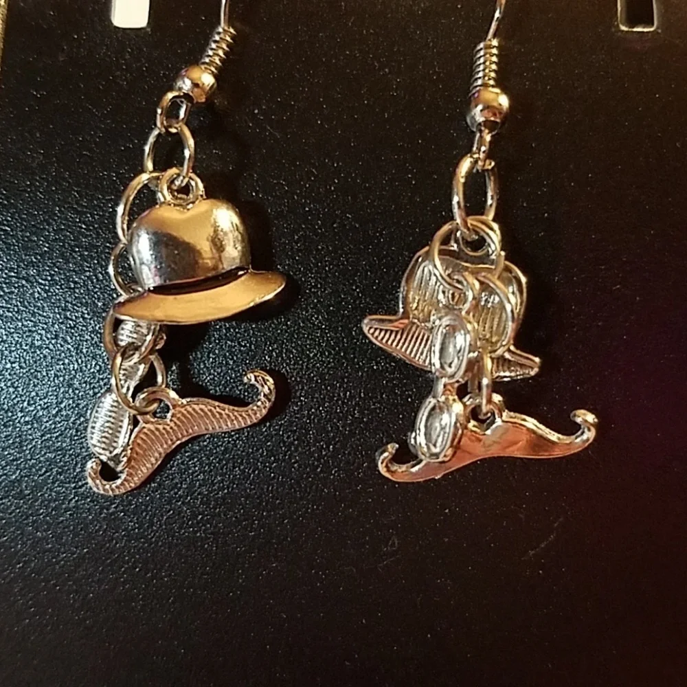 Hat Mustache Glasses Silver Faux Earrings